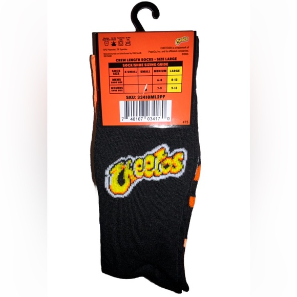 Cheetos Odd Sox Crew Socks 2 Pair Men 8-12 W 9-13 Orange Black w Logo Snacks NEW - Picture 2 of 10